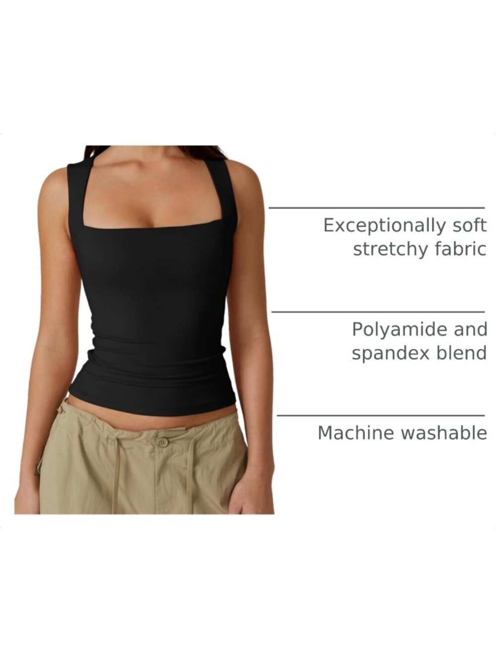 〽️Women's Black Sleeveless Square Neck Double Layer Fitted Stretch Basic Top! - Picture 4 of 6